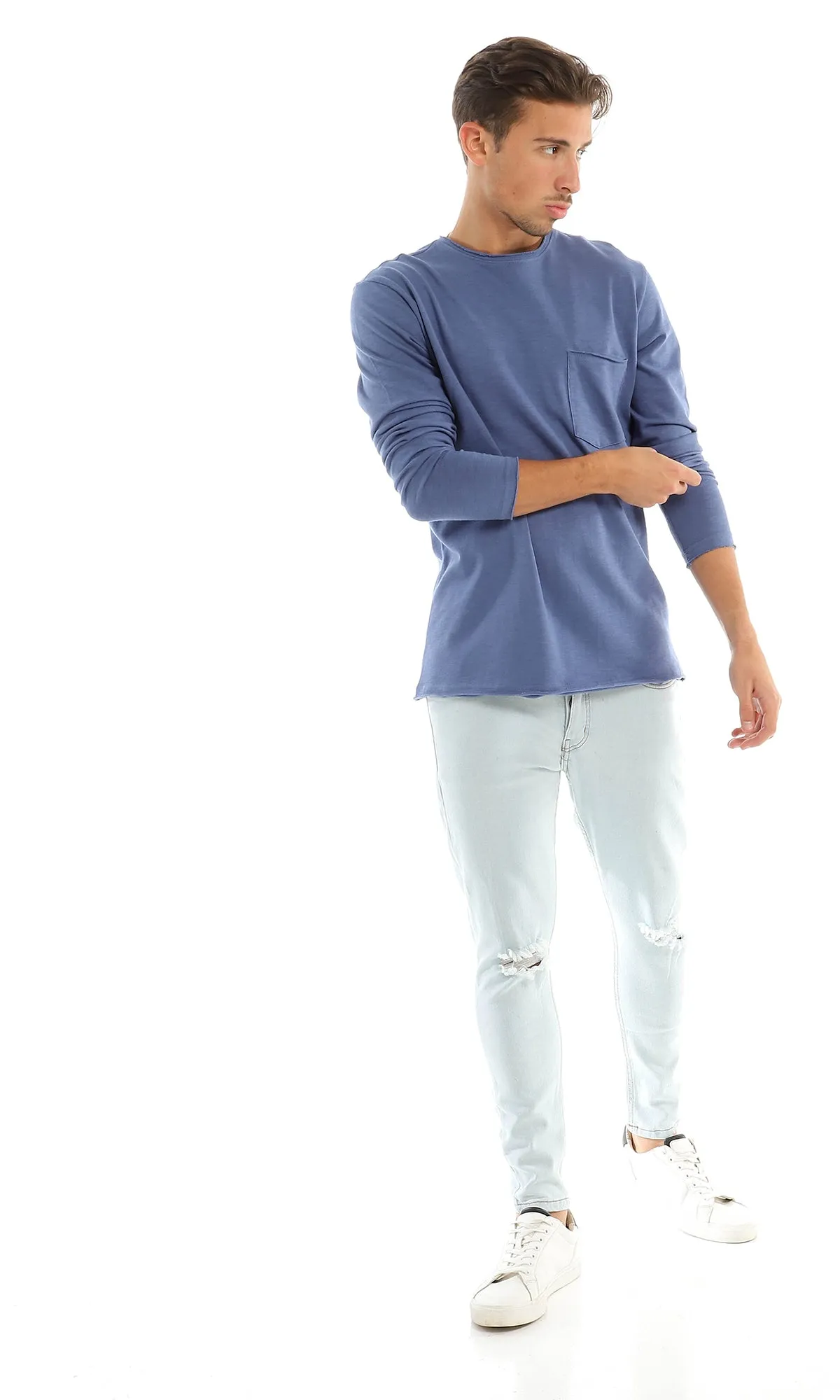 97730 Basic Round Patched Pocket Steel Blue T-Shirt