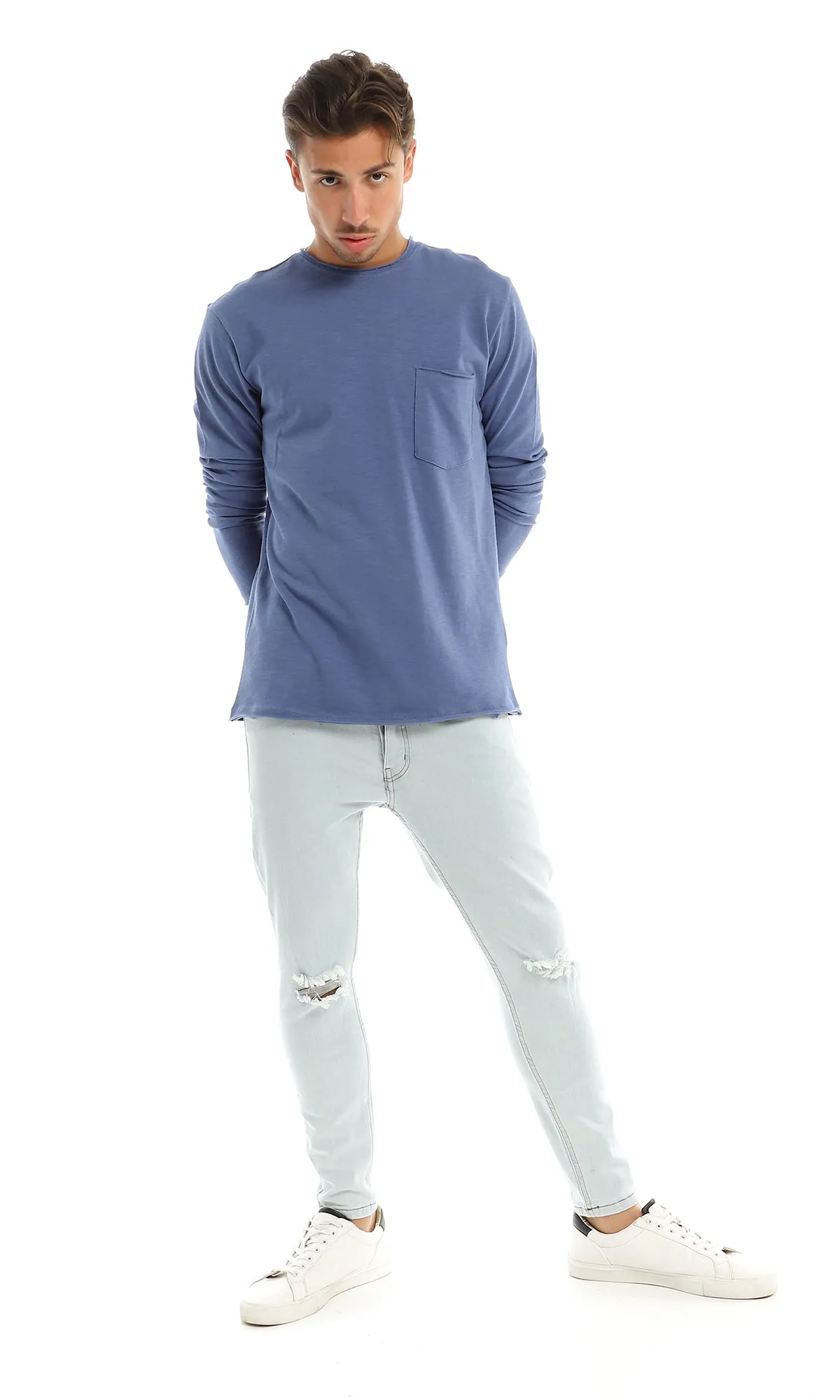97730 Basic Round Patched Pocket Steel Blue T-Shirt