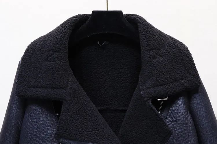 Faux Lamb Leather Jacket Pu Moto Zipper Jacket Warm Thick Outerwear