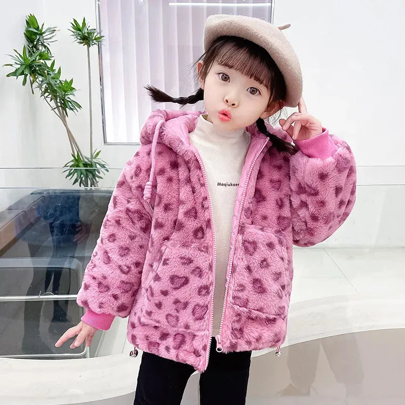 Girls' Thickened Printed Warm Hooded Winter Jacket
