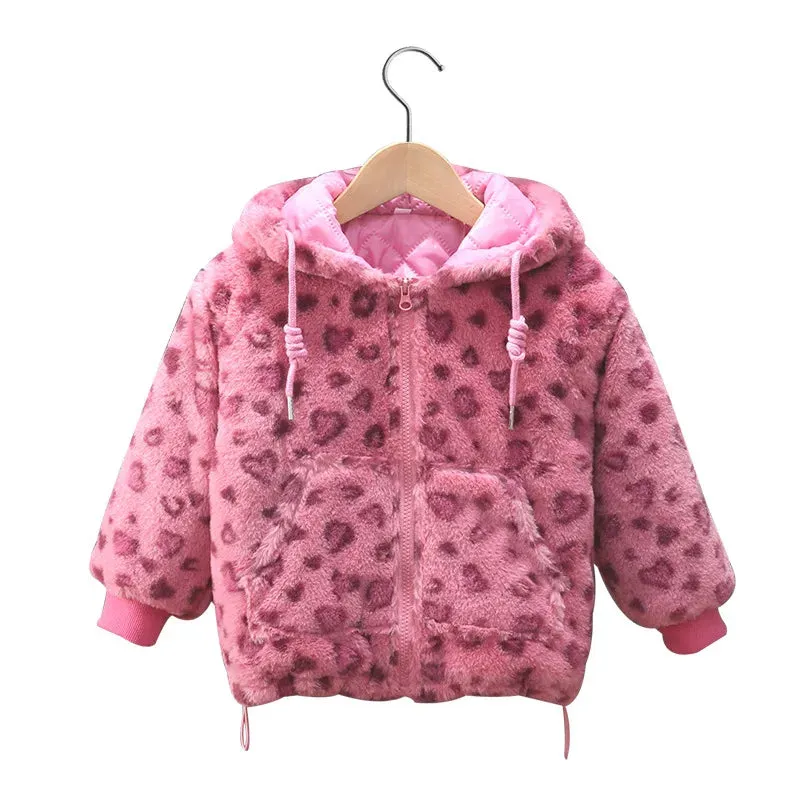 Girls' Thickened Printed Warm Hooded Winter Jacket