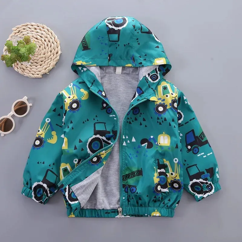 Kids Boys Cartoon Print Long Sleeved Hooded Jackets