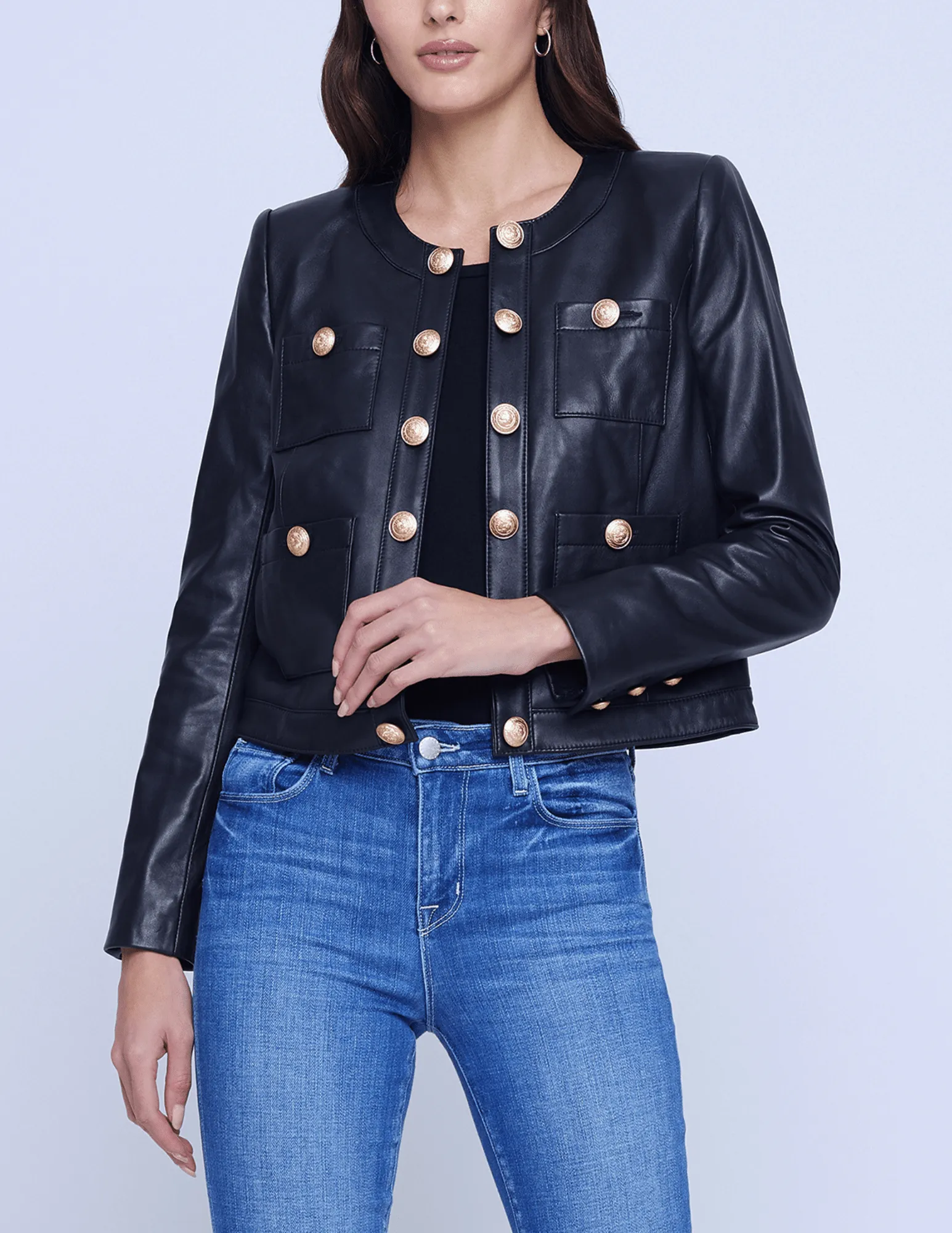 L'Agence Jayde Collarless Leather Jacket