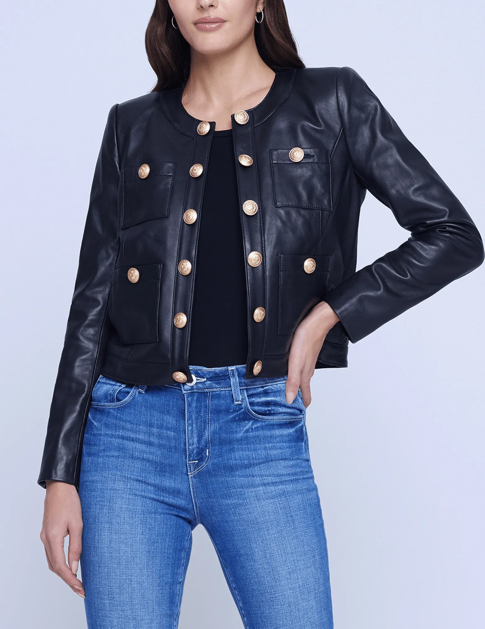 L'Agence Jayde Collarless Leather Jacket