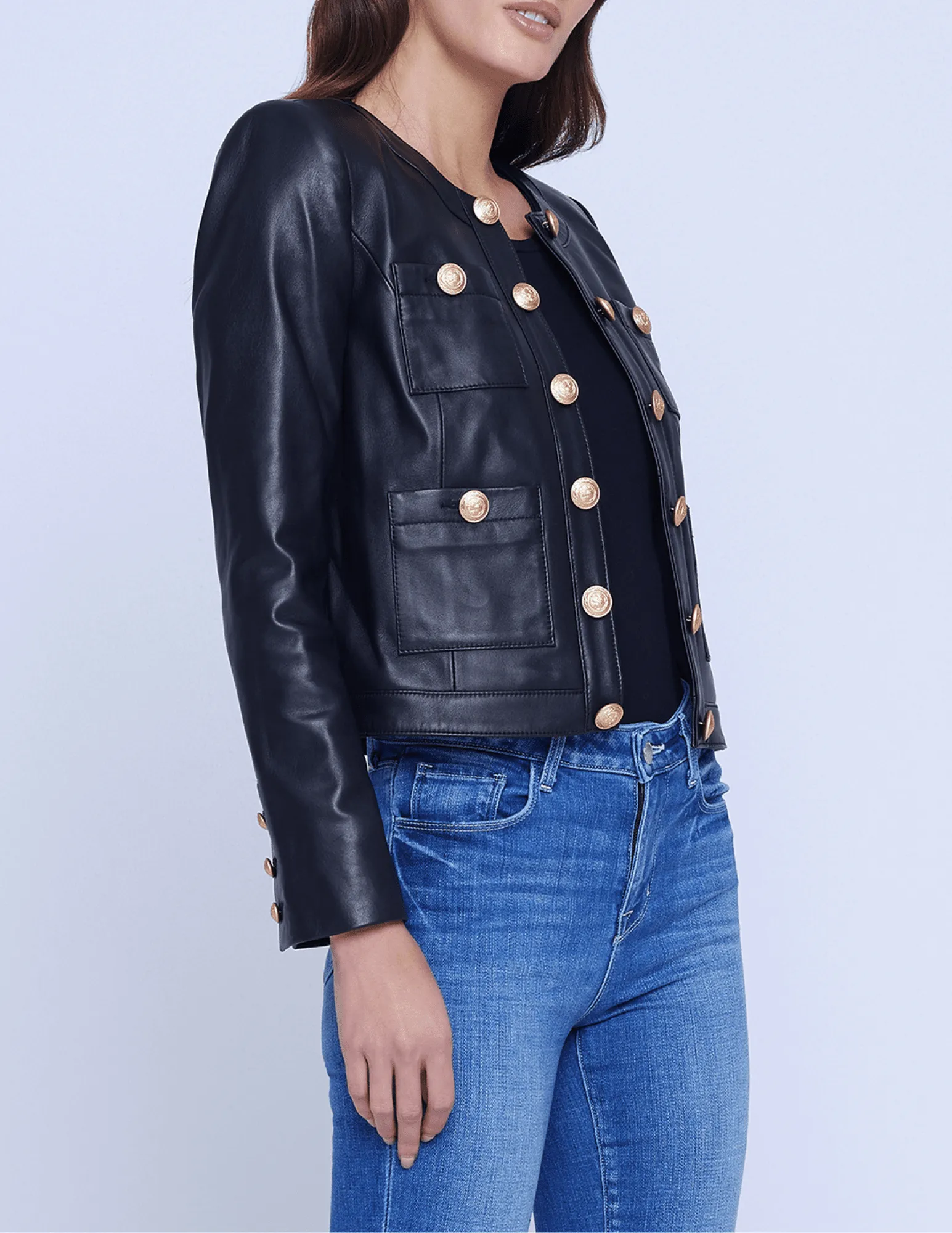 L'Agence Jayde Collarless Leather Jacket