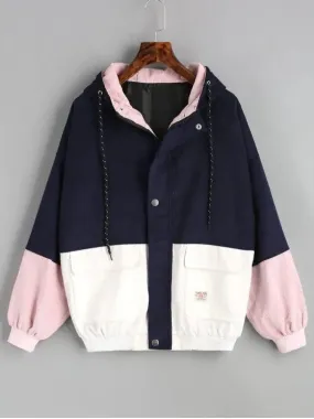 Navy Pink Hooded Color Block Corduroy Jacket
