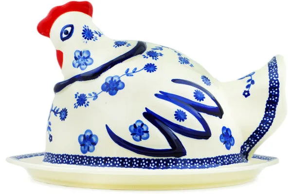 Polish Pottery 14" Dish with Hen Cover Delicate Poppy