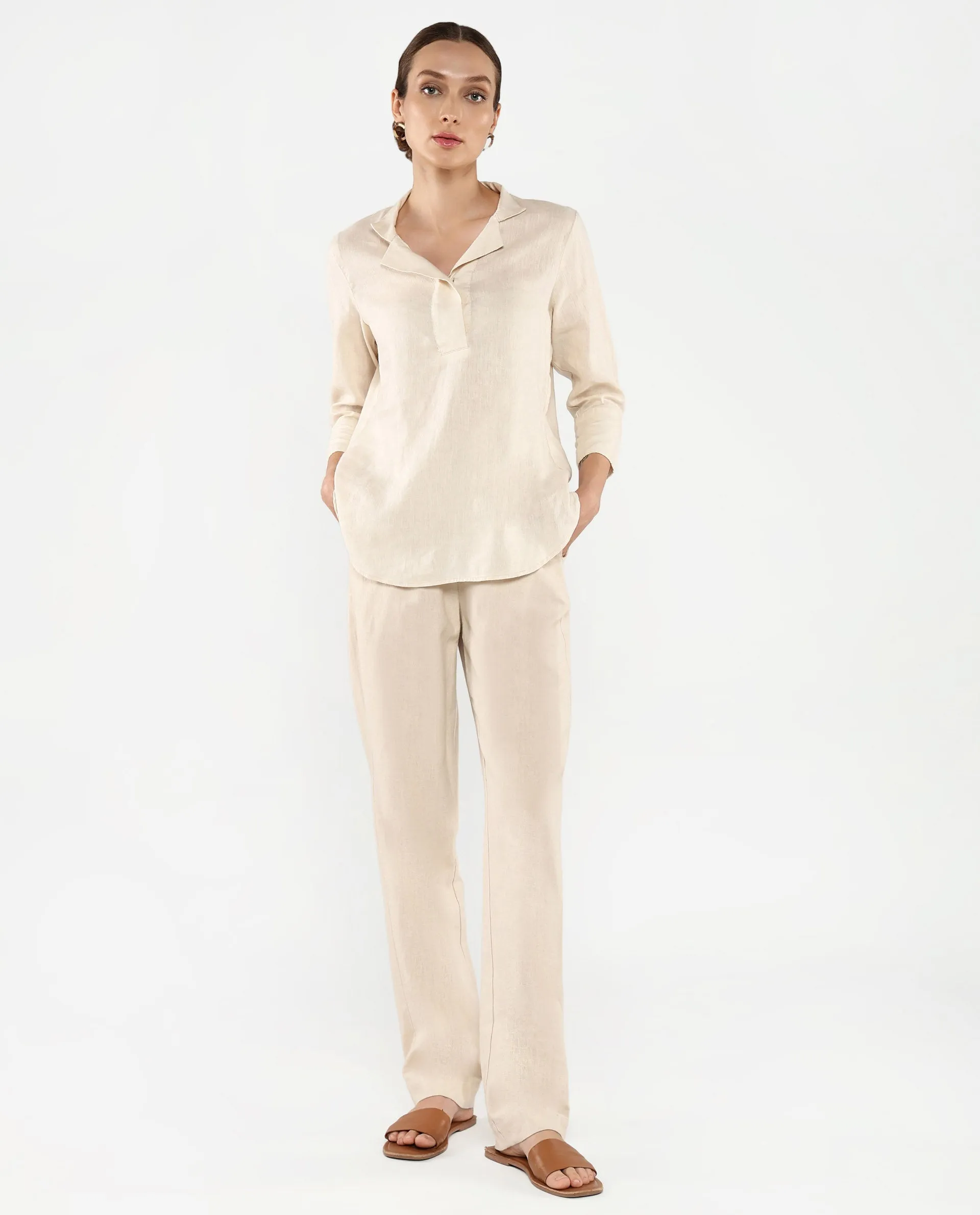 Rareism Women Laos Pastel Beige Cotton Linen Fabric Regular Sleeves V-Neck Solid Regular Length Top