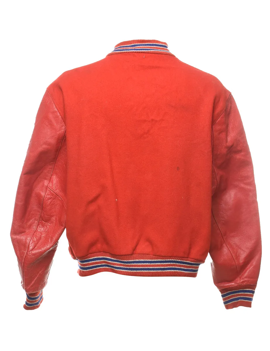 Red Wool & Leather Contrast Varsity Jacket - L