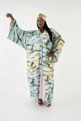 The Beach Scene Silk Twill Kimono in Multi Pastel with Kimono sleeves