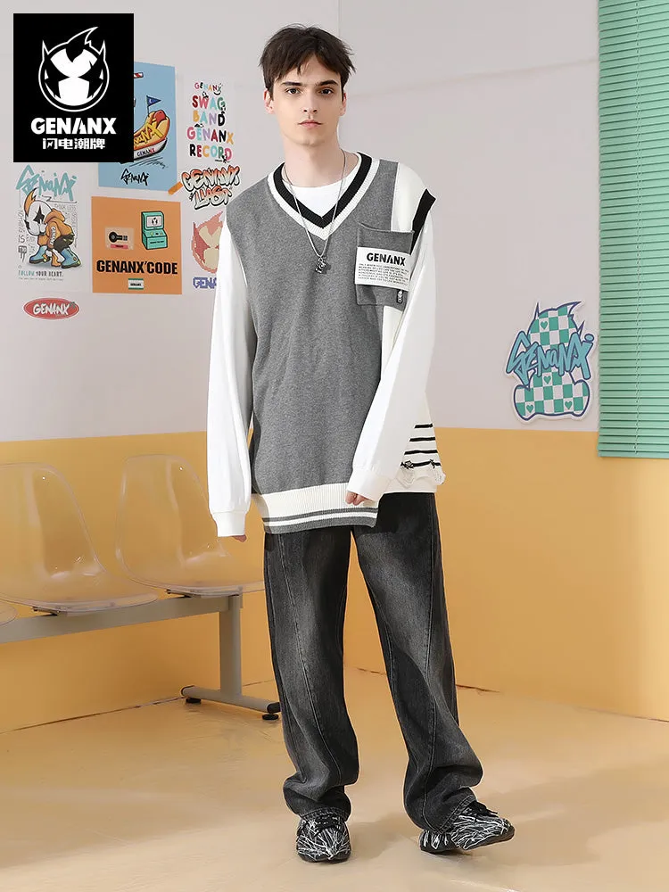 V-neck sleeveless sweater with irregular cut hem and color contrast jacquard labe