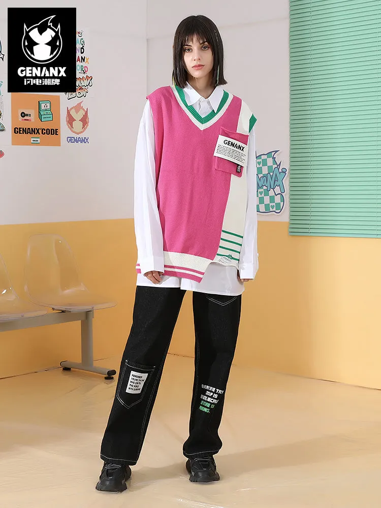 V-neck sleeveless sweater with irregular cut hem and color contrast jacquard labe
