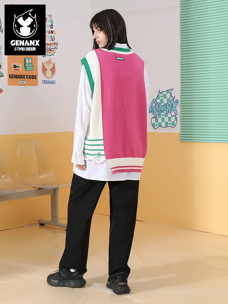 V-neck sleeveless sweater with irregular cut hem and color contrast jacquard labe