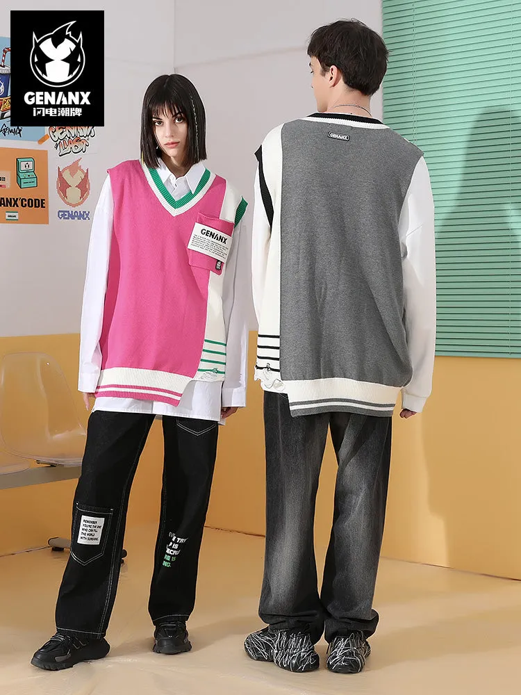 V-neck sleeveless sweater with irregular cut hem and color contrast jacquard labe