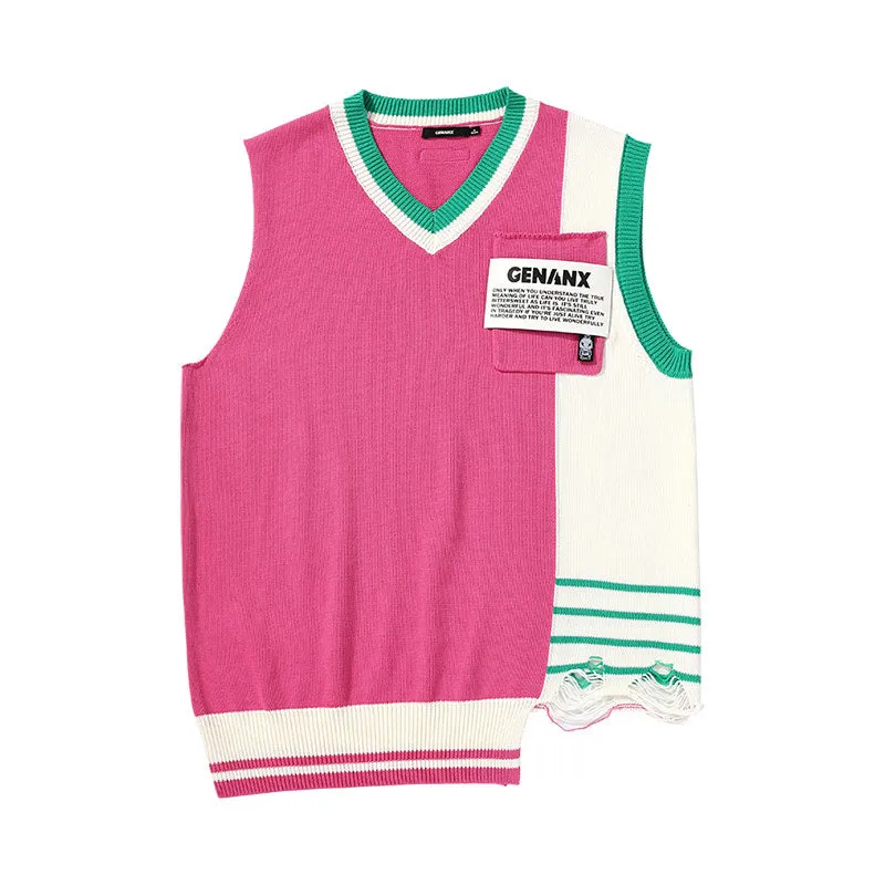 V-neck sleeveless sweater with irregular cut hem and color contrast jacquard labe