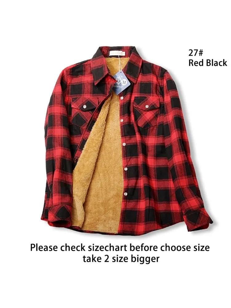 Velvet Thick Warm Women's Plaid Shirt Winter Fleece Casual Check Blouse