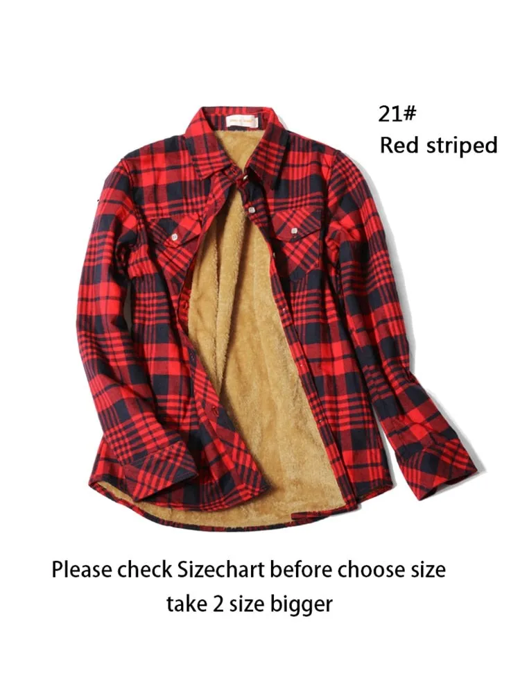 Velvet Thick Warm Women's Plaid Shirt Winter Fleece Casual Check Blouse
