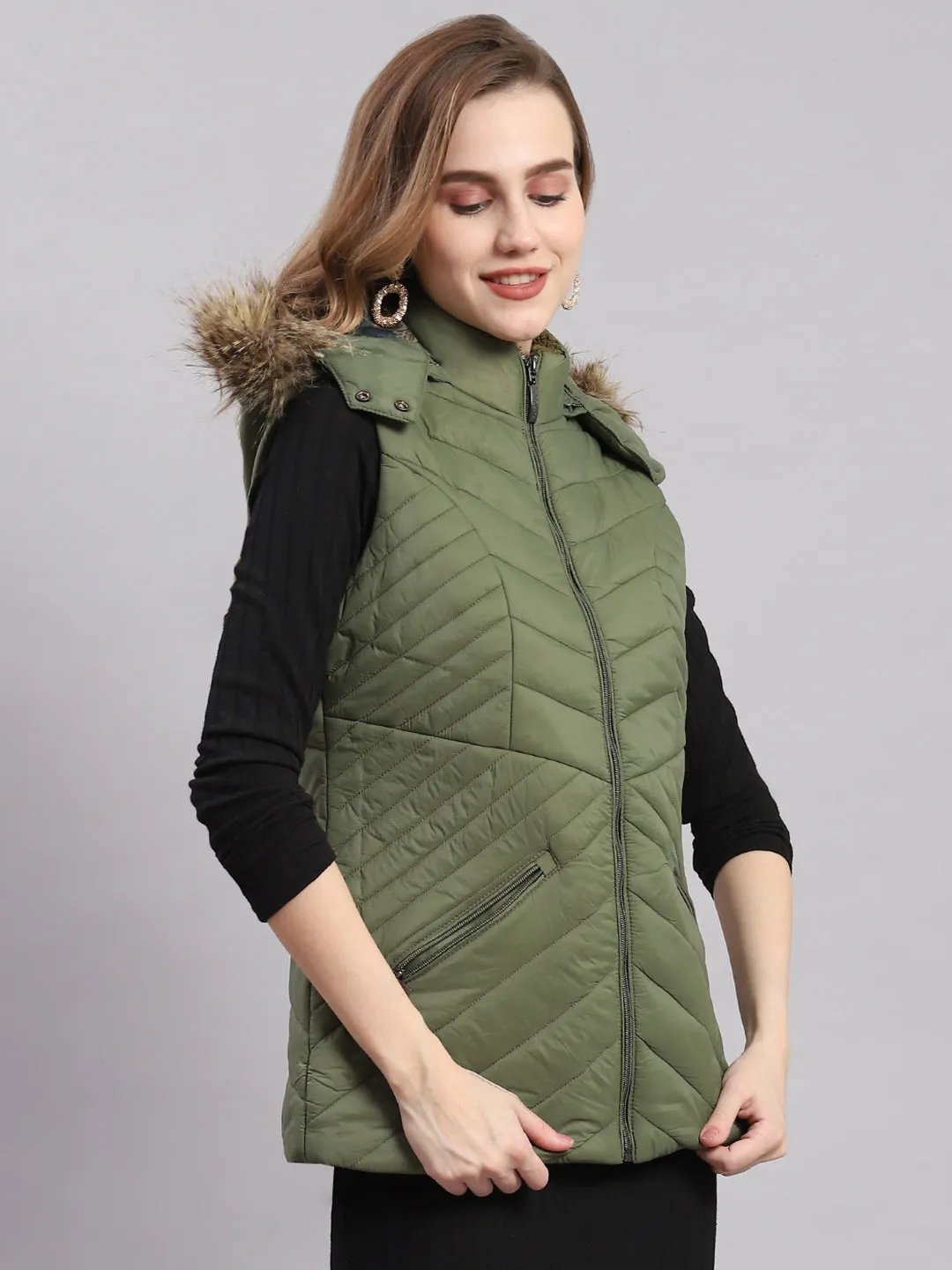 Women Olive Solid Hooded Sleeveless Jackets