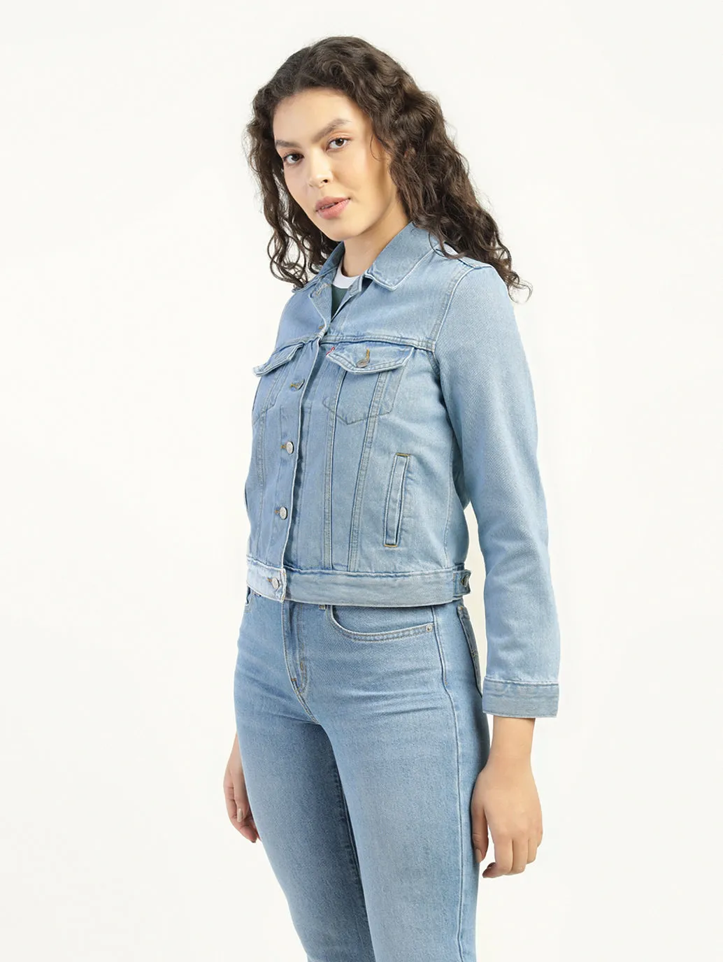 Women's Solid Light Blue Spread Collar Jacket
